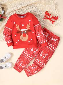 2pcs/Set Young Boys Christmas Snowflake & Reindeer Print Long Sleeve Sweatshirt + Cartoon Reindeer Print Straight Pants, Fall/Winter