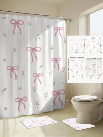 1 prachtig roze douchegordijn met strikprint, 12 haken, schimmelwerend en waterdicht, moderne badkamerdecoratie, geen boren nodig, 72*72 inch. Herfstdecoratie, badkameraccessoires, terug naar school.