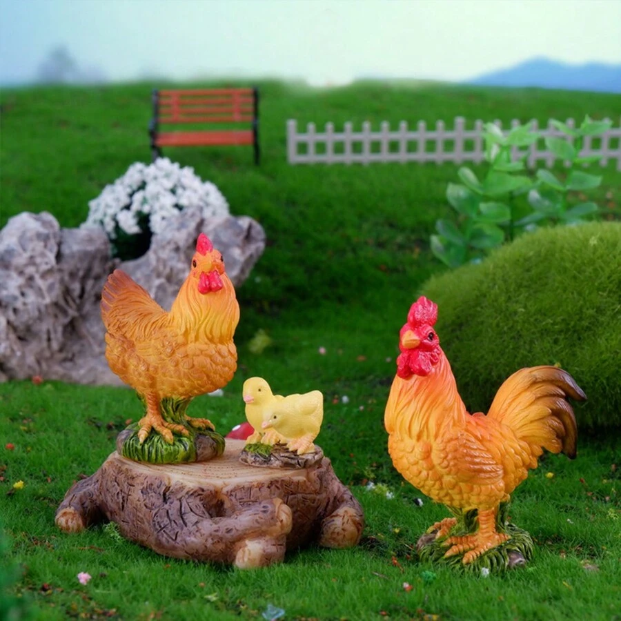 3 piezas Adornos miniatura decorativos de resina de gallo, gallina y pollito - Multicolor - Ver 1