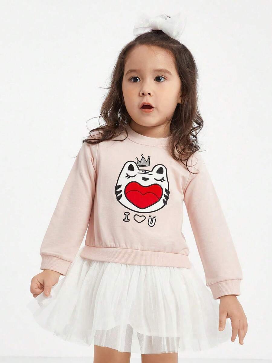 Annil 女孩春季及秋季可愛卡通印花毛衣拼接網紗裙粉色