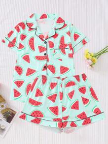 Marira Fruit Watermelon Printed Women's Pajama Set, Comfortable Turn-Down Collar Short Sleeve Top And Loose Shorts, Casual All-Season Women's Sleepwear And Homewear - Mint Green - View 1
