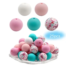 25pcs 15mm Silicone Solid Colorful Pattern Round Loose Beads For Jewelry Making DIY Special Key Bag Chain Pens Decors Bracelet Necklace Lanyards Beaded Craft Supplies