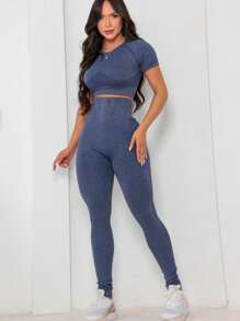 Feminine Empina Butt Seamless Set, Cropped Sleeve - 藏蓝色 - 查看 4
