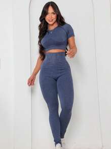 Feminine Empina Butt Seamless Set, Cropped Sleeve - 藏蓝色 - 查看 2