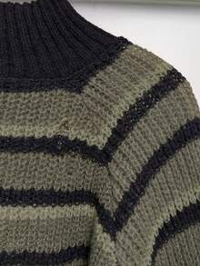 Women's Plus Size Stand Collar Striped Distressed Flare Sleeve Pullover Sweater, Fall/Winter Casual - Army Green - View 3