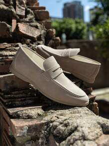 男士新款樂福鞋,簡約百搭的圓頭皮鞋,一腳蹬設計,皮革和軟底提供舒適體驗,非常適合派對和時尚。適合所有季節 - 卡其色 - 查看 3