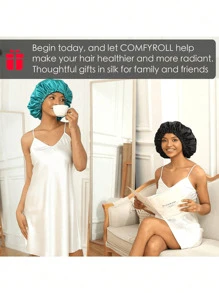 Awegeo 1pc Women's Solid Color Double-Layer Satin Sleep Cap, Adjustable Drawstring & Button, Fashionable Sleep Hat For Daily Wear, Protects And Styles Hair - Mauve Purple - View 4