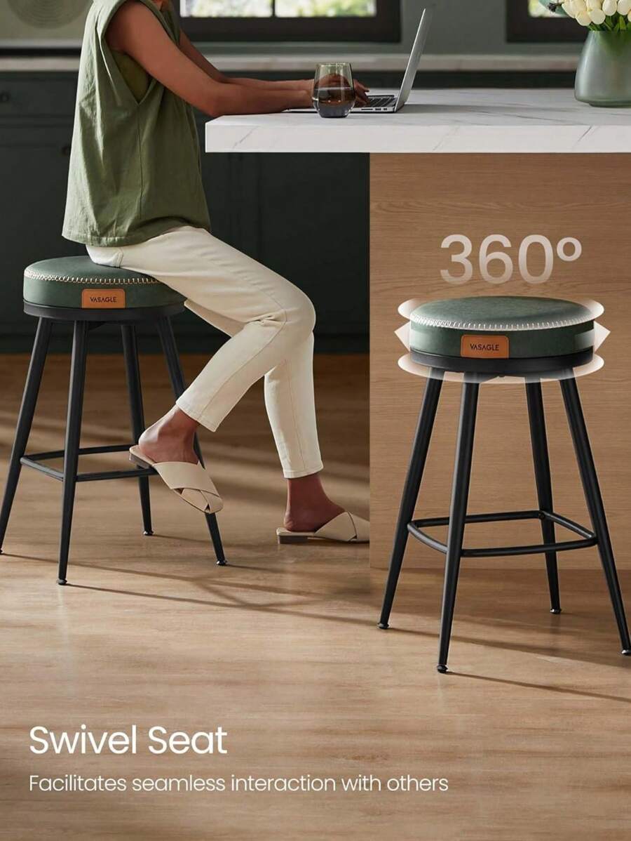 VASAGLE EKHO Collection - Bar Stools Set Of 2, Counter Height Swivel Bar Stools With Back Synthetic Leather With Stitching Forest Green