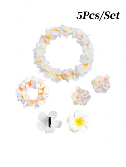 5Pcs/Set Hawaiian Leis Flower Headband Wristbands Tropical Hawaii Necklace Bracelets Hair Hoops Wreath Headpiece Hair Bands Cosplay Costume Summer Beach Vacation Pool Party Decoration