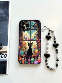 1pc Black TPU Cat Pattern Shockproof Phone Case & 1pc Cat Eye Heart Black White Wrist Strap Lanyard, Compatible With IPhone, Samsung, OnePlus, Xiaomi, OPPO Etc. - Multicolor - View 3