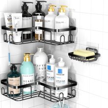 3 Pack Corner Shower Caddy,Adhesive Shower Caddy With Soap Holder And 20 Hooks, Rustproof Stainless Steel Shower Organizer, No Drilling Wall Mounted Shower Rack, For Bathroom, Kitchen - 黑色 - 查看 1
