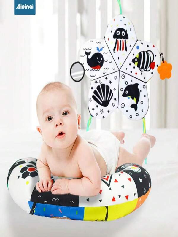 Vocheer Tummy Time Pillow With Crinkle Mat Teethers, Black And White High Contrast Baby Toys With Mirror, Montessori Sensory Crawling Toy For 0-3 Baby Toys Baby Boy Toys Teething Toys Baby Shower