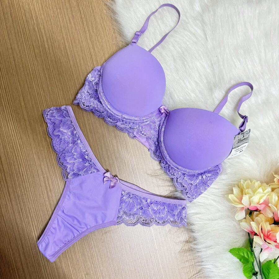 Thaíse Luxury Double Thread Polyamide And Lace Lingerie Set - Lilac Purple - View 1