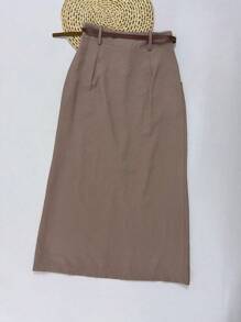 Midi Skirt With High Waist Slit Belt - Dusty Pink - View 4