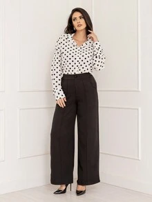 LAN FASHION Women's Polka Dot Dress Shirt Long Sleeve Crepe Fabric - White - View 1