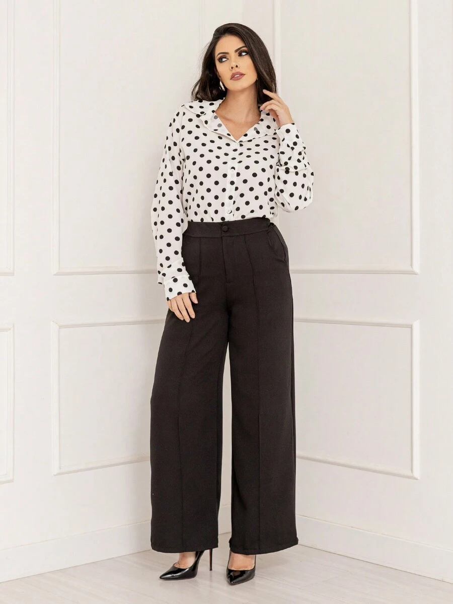 LAN FASHION Women's Polka Dot Dress Shirt Long Sleeve Crepe Fabric - White - View 1