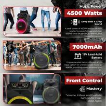 Dazone 4500W 18-Inch Portable Party Bluetooth Speaker Rechargeable Wireless Trolley Speaker With Deep Bass, 4500W Peak Power, Wireless Microphone, Remote Control, Handle, Wheels, USB/SD, FM Radio, AUX & Guitar Inputs, Party DJ Karaoke LED Light, Sound PA System Stereo - 黑色 - 查看 6