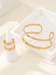 1pc Fashionable Geometric Bracelet & 1pc Ring Set - Yellow Gold - View 4