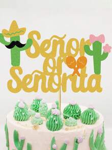 1pc Mexican Carnival Theme Cactus Cake Topper For Gender Reveal Party Decor - Multicolor - View 3