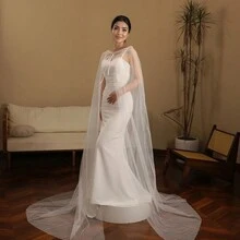 1pc Four Seasons Solid Color Mesh European American Thin Bridal Veil, Wedding Gown Accessory, Long Trailing Elegant Runway Shawl Cloak Cape - Multicolor - View 6