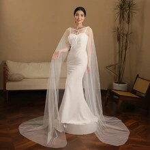 1pc Four Seasons Solid Color Mesh European American Thin Bridal Veil, Wedding Gown Accessory, Long Trailing Elegant Runway Shawl Cloak Cape - Multicolor - View 4