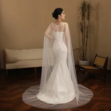1pc Four Seasons Solid Color Mesh European American Thin Bridal Veil, Wedding Gown Accessory, Long Trailing Elegant Runway Shawl Cloak Cape - Multicolor - View 7