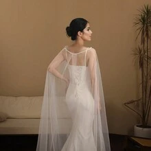1pc Four Seasons Solid Color Mesh European American Thin Bridal Veil, Wedding Gown Accessory, Long Trailing Elegant Runway Shawl Cloak Cape - Multicolor - View 5