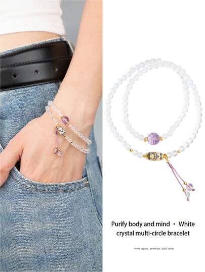  1pc High-Quality Sterling Silver & Natural White Crystal Double Loop Bracelet, White Crystal Represents Purity And Elegance, Symbolizing Mental Clarity And Balance, Suitable For Daily Wear By Women, Natural Gem Color May Vary
