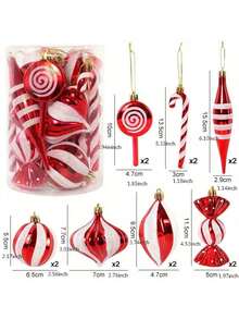 14/19 件/盒圣诞拐杖糖红球挂饰圣诞树吊坠圣诞新年家居装饰礼物，圣诞节 - 彩色 - 查看 9