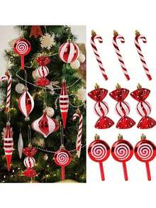 14/19 件/盒圣诞拐杖糖红球挂饰圣诞树吊坠圣诞新年家居装饰礼物，圣诞节 - 彩色 - 查看 5