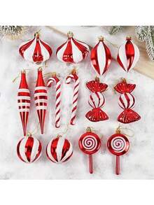 14/19 件/盒圣诞拐杖糖红球挂饰圣诞树吊坠圣诞新年家居装饰礼物，圣诞节 - 彩色 - 查看 7