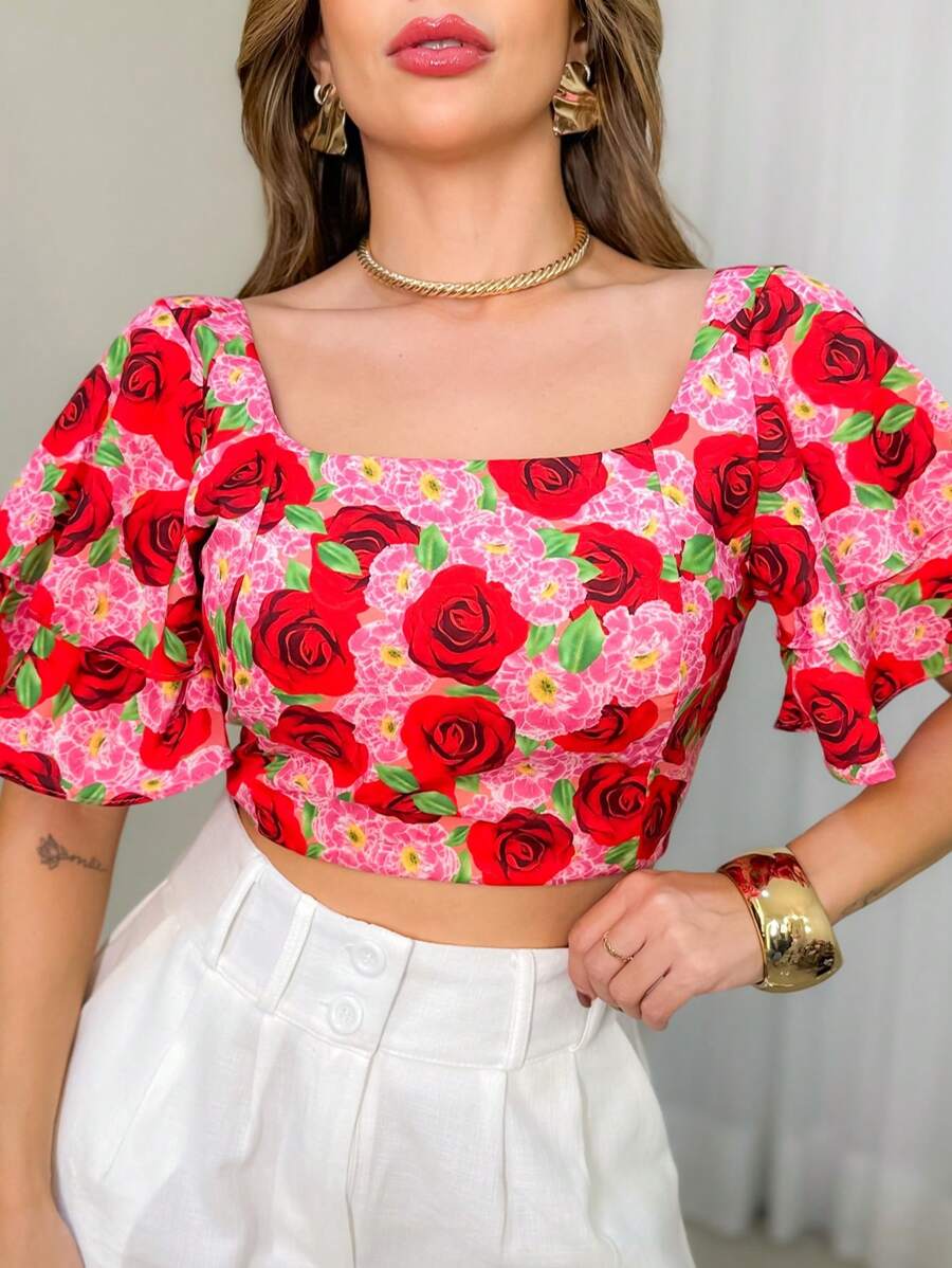 Cropped Blouse With Multicolored Princess Sleeve Print Bulge Feninina Top - Nhiều màu - Xem 1