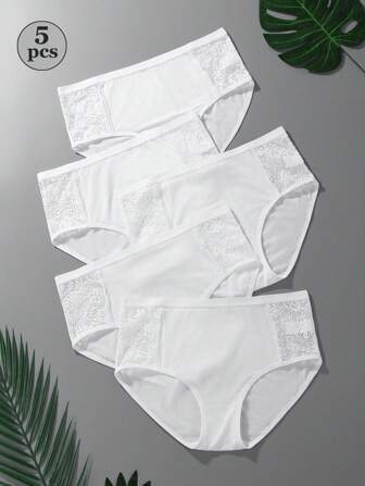 5 Pcs, Women's Solid Color Lace Lace Splicing Triangle Panties, Comfortable And Breathable Hipster Panties, Fashionable, Elegant And Simple, Multi-Color Mix And Match Suit