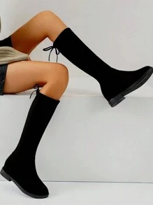 女士过膝靴，秋冬新款中筒靴，连帽衫搭配百搭平底长靴，搭配连帽衫时尚修身过膝靴搭配秋装 - 黑色 - 查看 4