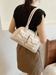 Multi-Pocket PU Leather Satchel Bag Women, Vintage Simple Fashion Bowknot Decor, Suitable For Commuting And Travel, Large Capacity Shoulder Bag