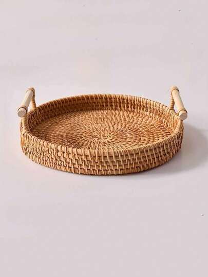 1pc Round Hand-Made Cane Storage Tray, Japanese Solid Color Wicker Decoration With Handle, Table Breakfast, Coffee, Drinks, Snacks Fruit Storage Tray, Suitable For Table And Home Desktop Decoration Best Gifts Birthday Plates Kitchen Accessories Kitchen Decor Trays Fruit Tray Tray Decor Graduation