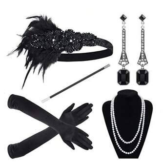 5 st/set 1920-talsinspirerade Gatsby-festtillbehör för kvinnor, inklusive pannband med klaff, hårklämma med fjäder och hårnålar i zinklegering Halloween-bal