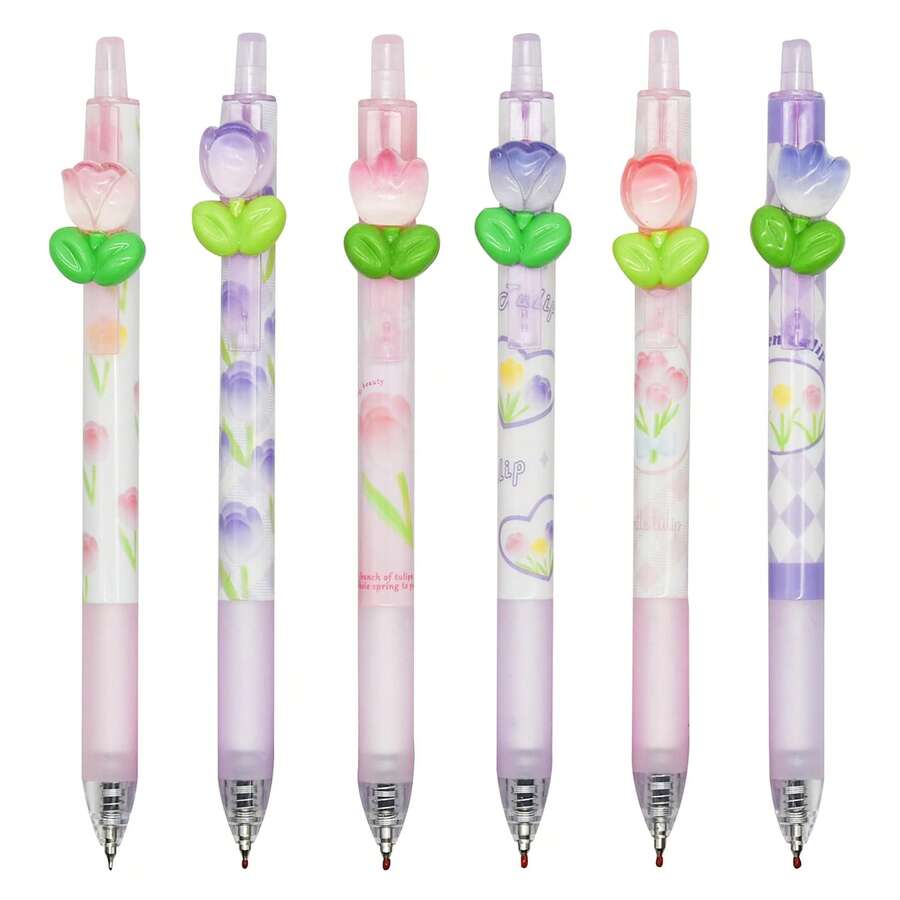 1 Peça / 6 Peças, Canetas Neutras de Pressão, Canetas com Design de Adesivo Fofo de Tulipa em Desenho Animado, Canetas Assinatura Altamente Atrativas, Adequado para Uso Estudantil e de Escritório