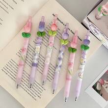 1 Peça / 6 Peças, Canetas Neutras de Pressão, Canetas com Design de Adesivo Fofo de Tulipa em Desenho Animado, Canetas Assinatura Altamente Atrativas, Adequado para Uso Estudantil e de Escritório