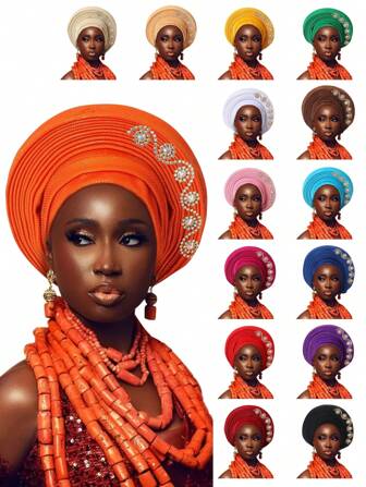 African Style Head Wrap With Layered Bejeweled Edge Head Wrap Accents, Laminated Strap Cap, Traditional African Turban Hat For Women Personalized Elastic Headwear