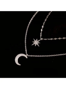 1 pieza Collar con colgante de estrellas y lunas de doble capa de CZ de plata 925 para mujer con cadena elegante, regalo de joyería exquisita y elegante