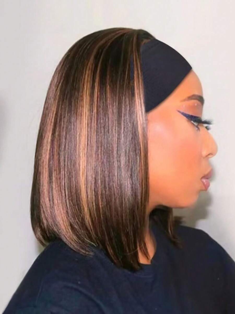 Headband Wigs Highlight Brown Short Straight Hair Black Bob Headband Wig Wear And Go Glueless Wig Synthetic Wig With Headband 12 Inch For Women