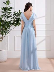 Elegant V-Neck Ruffled Sleeve Maternity Dress - Baby Blue - View 2