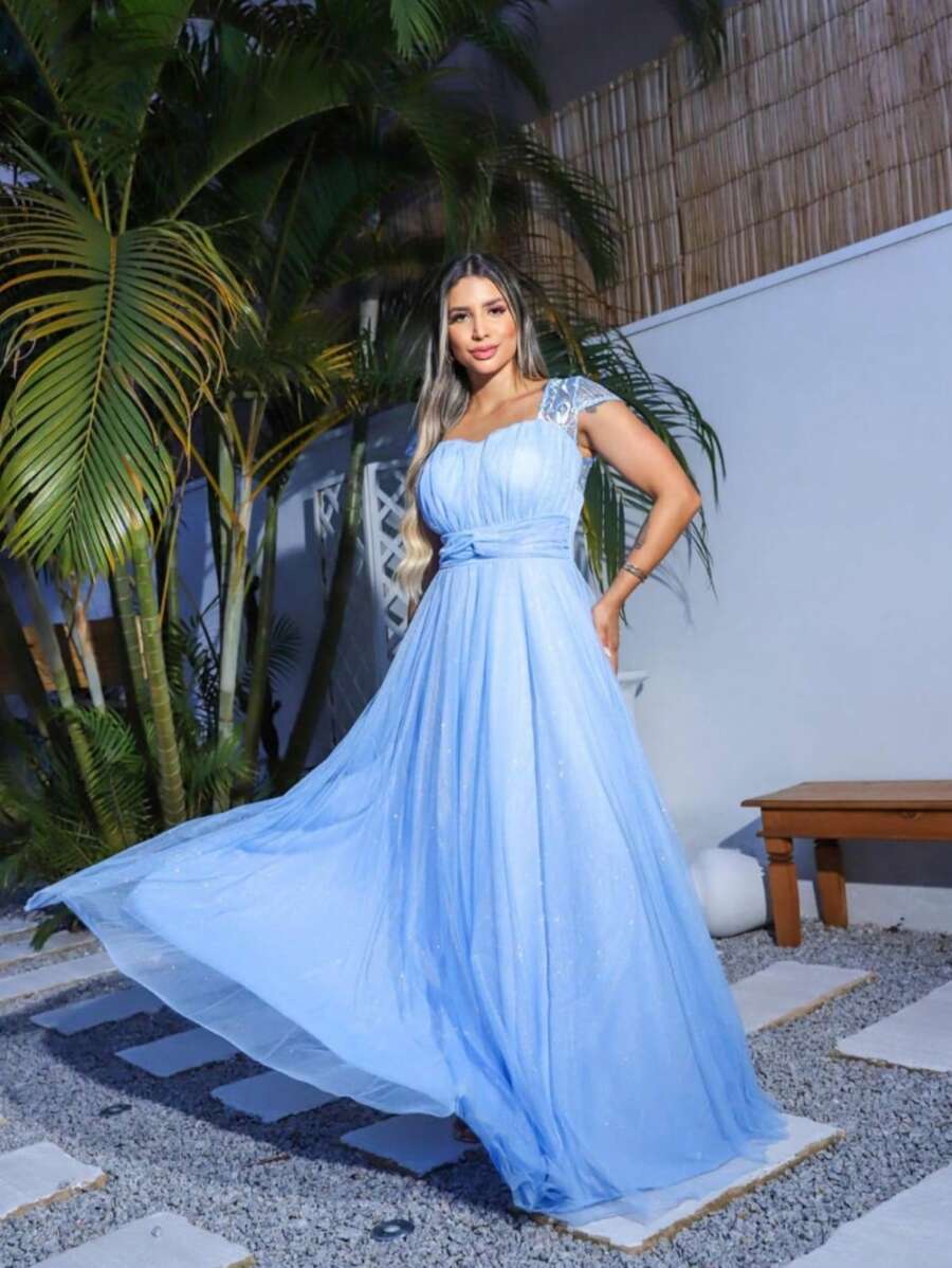 Long Bridesmaid Congress Graduation Party Dress With Embroidered Sleeve - Baby Blue - View 1