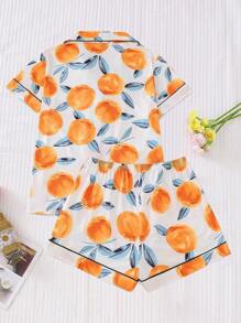 2pcs Fruit Peach Print Lounge Wear Set For Women, Comfortable Collared Short Sleeve Top And Loose Shorts, Beautiful Stylish Sleepwear And Homewear For Spring & Summer, Holidays, Parties, Casual All Season Outdoor And Indoor - Orange - View 2