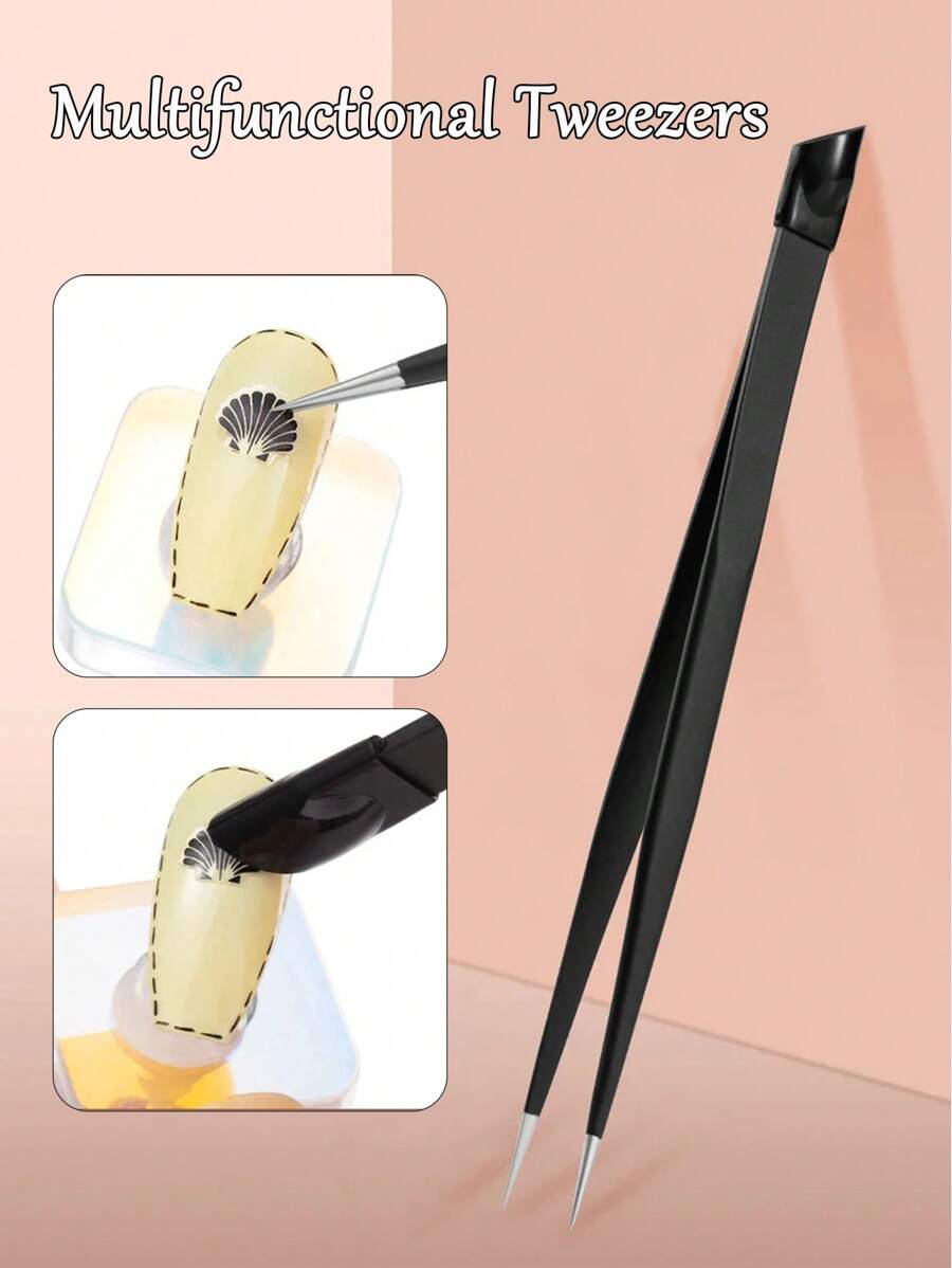 FULL BEAUTY 1pc Black Multifunction Nail Art Tweezers With Silicone Pressing Head Double Ended Nail Stickers Rhinestones Pick Up Clip Makeup Eyelash Extension Tools,Nail Supplies,Nail Tools,Nail Art Tools,Back To School,Nails,Nail Tools For Press On Nails