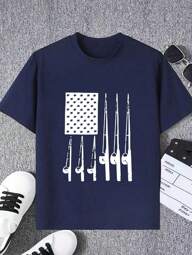 1pc Tween Boy Casual American Flag Print Round Neck Short Sleeve T-Shirt, Suitable For Big Kids Boys & Girls