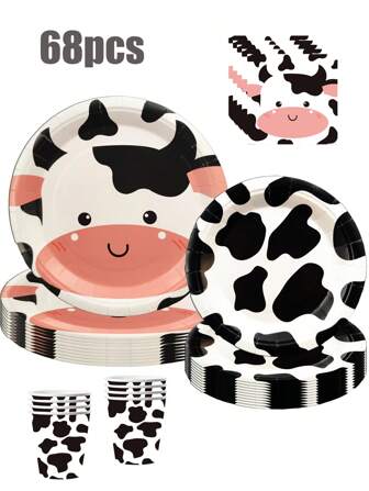68pcs Uncoated Paper Tray Set, Cute Cartoon Cow Theme Party & Birthday Tableware Set, Including Plates, Napkins, Cups, Home Decor, Holiday Supplies, Suitable For Birthday Party, Picnic, Camping, Gathering, Christmas, Gifts, Surprises, Mother's Love For Children, Gifts For Kids
