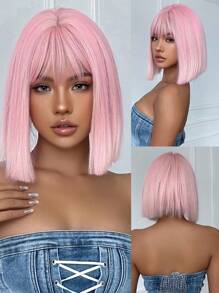 14 Inch Pink Ombre White Bob Wig With Bangs Synthetic Heat Resistant Wigs Natural Looking For Women Daily Party And Cosplay Use