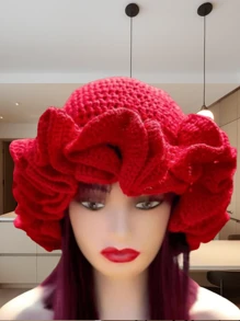 1 pieza Sombrero tipo cubo de punto hueco de poliéster de unicolor, de estilo casual bohemio, lindo y elegante, de estilo retro, para otoño e invierno